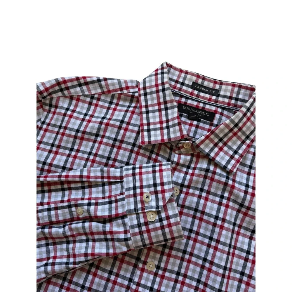 Banana Republic Mens Red Black Plaid Button Down Shirt L Camden Fit Non-Iron